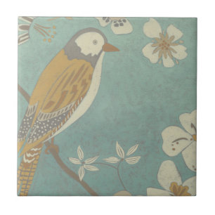 Yellow, Grey and Beige Bird Perched on a Branch Tile