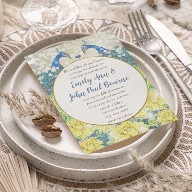 Yellow Grey and Blue Vintage Peacock Wedding Invitation (Creator Uploaded)