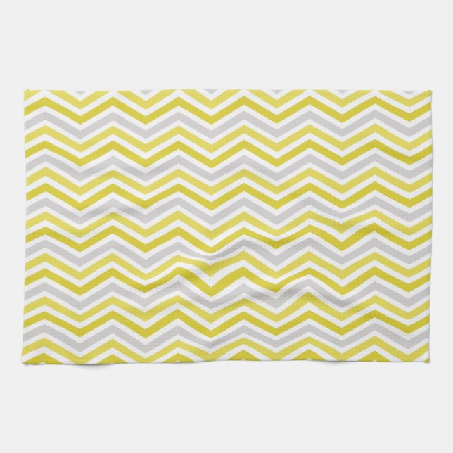 Yellow, Grey, and White Chevron Stripes Tea Towel (Horizontal)