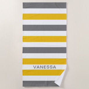 Yellow,Grey And White Striped Name Cabana Stripe Beach Towel