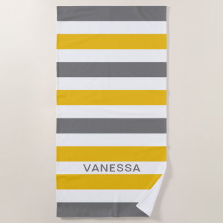 Yellow,Grey And White Striped Name Cabana Stripe Beach Towel