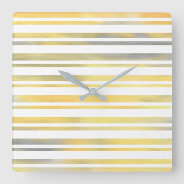Yellow Grey and White Stripes Square Wall Clock (Front)