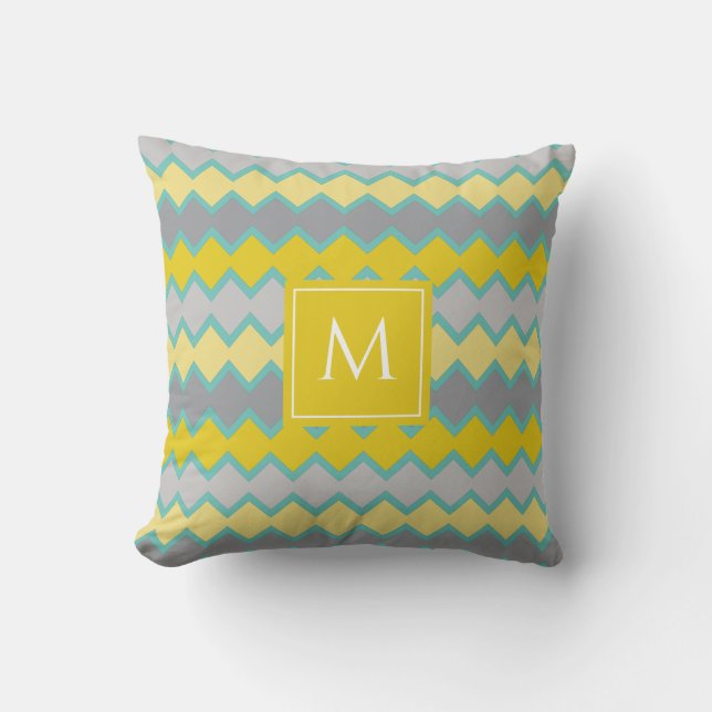 Yellow Grey Aqua Geometric Pattern Monogram  Cushion (Front)