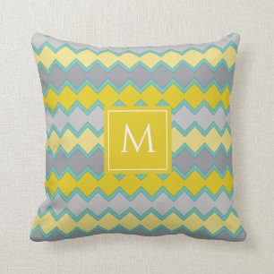 Yellow Grey Aqua Geometric Pattern Monogram  Cushion