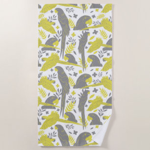 Yellow Grey Ara Parrot Drawing Tropical Pattern Beach Towel