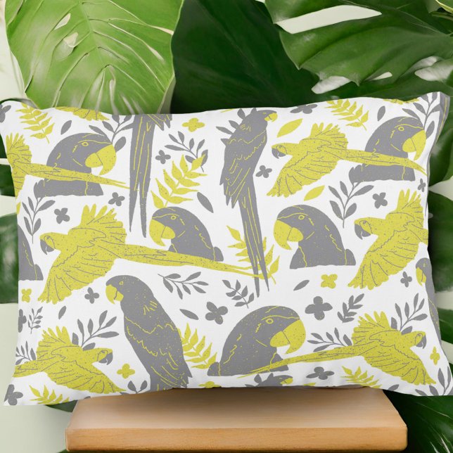 Yellow Grey Ara Parrot Drawing Tropical Pattern   Decorative Cushion (Creator Uploaded)