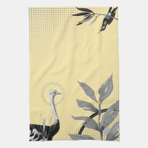 Yellow & Grey Artistic Watercolor Leaves Ostrich Tea Towel