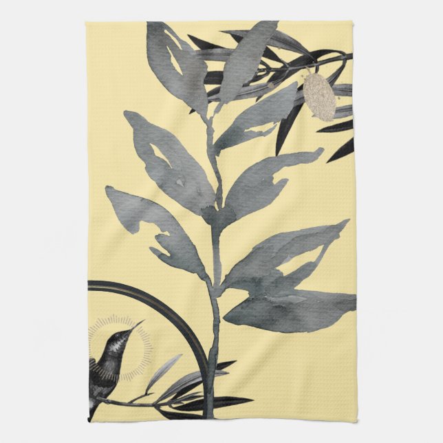 Yellow & Grey Artistic Watercolor Leaves Tea Towel (Vertical)