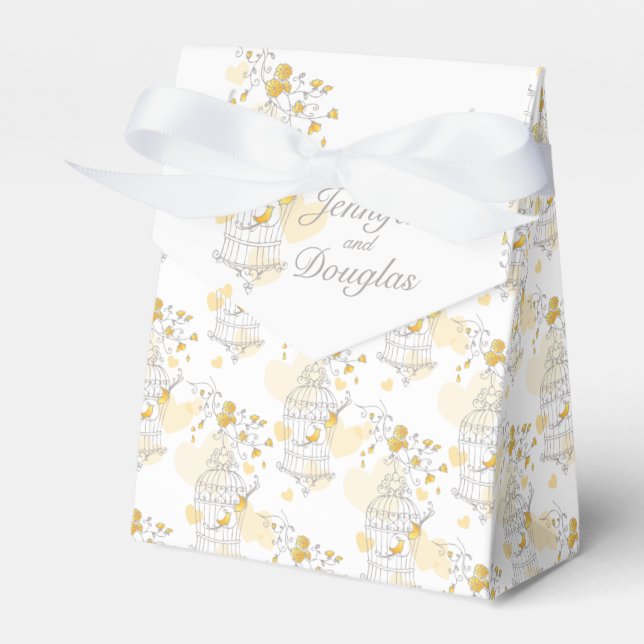 Yellow grey bird named wedding favour tent box (Front Side)
