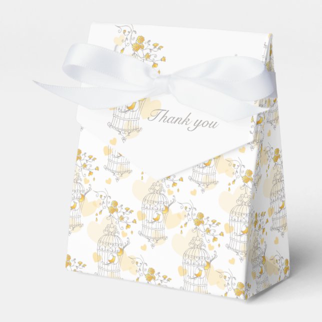 Yellow grey bird thank you wedding favour tent box (Front Side)