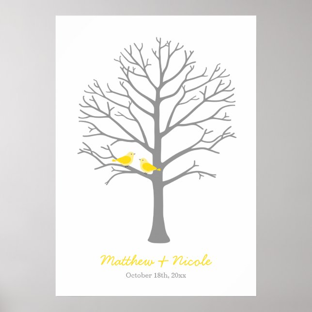 Yellow Grey Birds Fingerprint Tree Wedding Poster (Front)