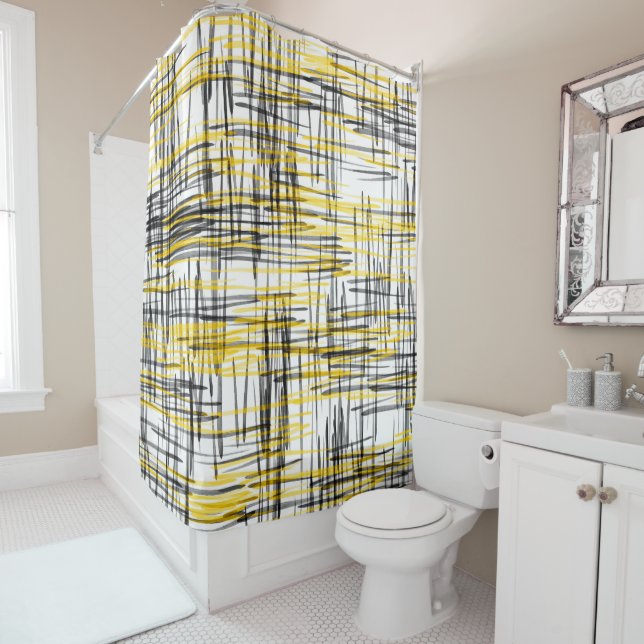 'Yellow Grey Black Scribbles' Shower Curtain (In Situ)