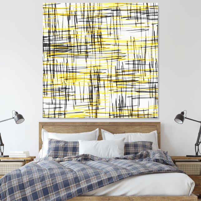 'Yellow Grey Black Scribbles' Watercolor Abstract Canvas Print (Insitu(Bedroom))
