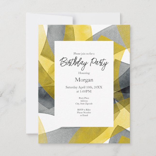 Yellow Grey Black Watercolor Abstract Brushstrokes Invitation (Front)