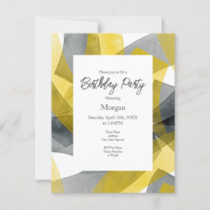 Yellow Grey Black Watercolor Abstract Brushstrokes Invitation