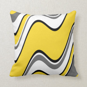 Yellow Grey Black White Abstract Waves Cushion