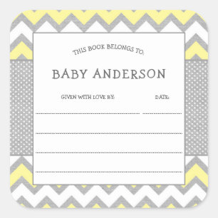 Yellow Grey Bookplate, baby's first library Square Sticker