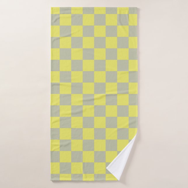 Yellow + Grey Check Chequered Chequerboard Pattern Bath Towel (Bath Towel)