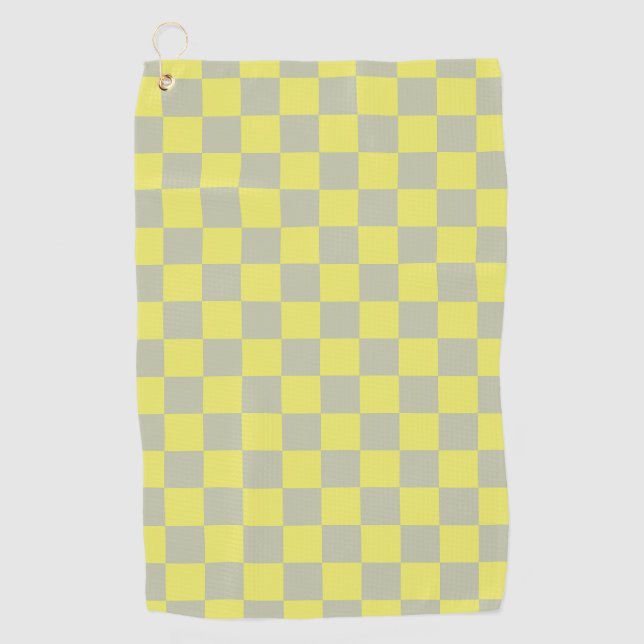 Yellow + Grey Check Chequered Chequerboard Pattern Golf Towel (Front)