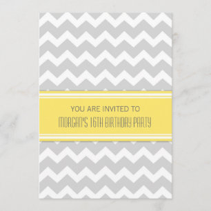 Yellow Grey Chevron 16th Birthday Party Invitation
