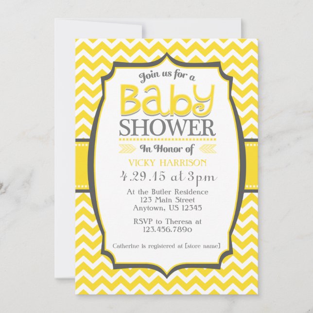 Yellow Grey Chevron Baby Shower Invitation (Front)