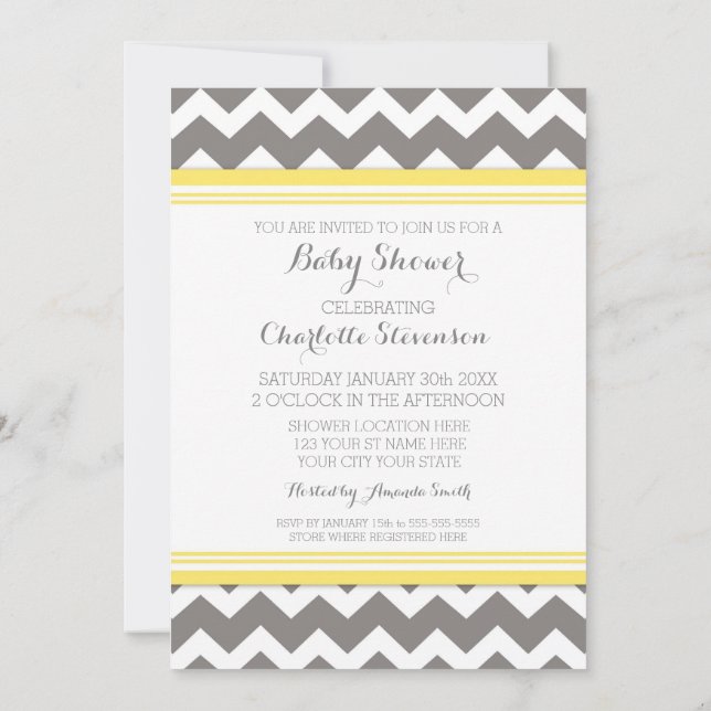 Yellow Grey Chevron Custom Baby Shower Invitations (Back)