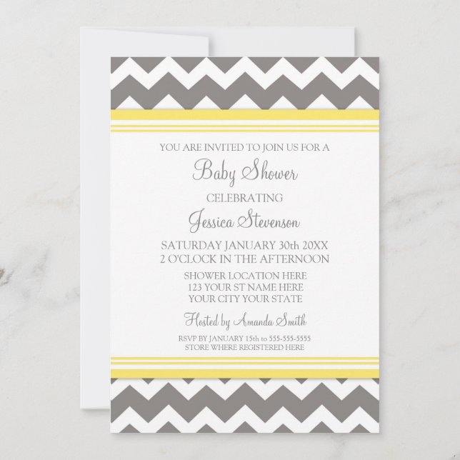 Yellow Grey Chevron Custom Baby Shower Invitations (Back)