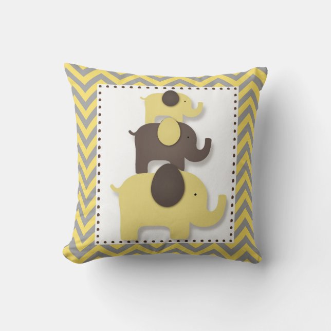 Yellow & Grey Chevron Elephant Pillow (Front)
