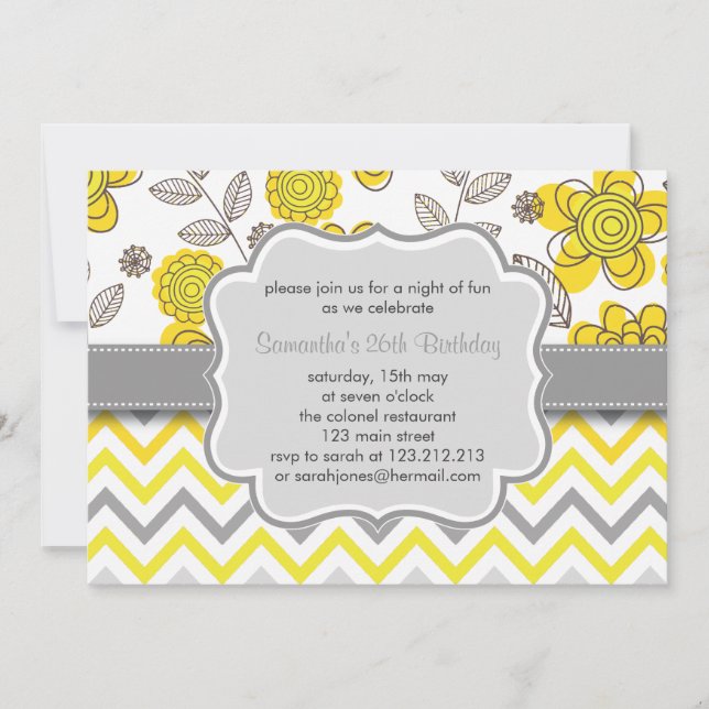 Yellow & Grey Chevron Floral Modern Birthday Party Invitation (Front)