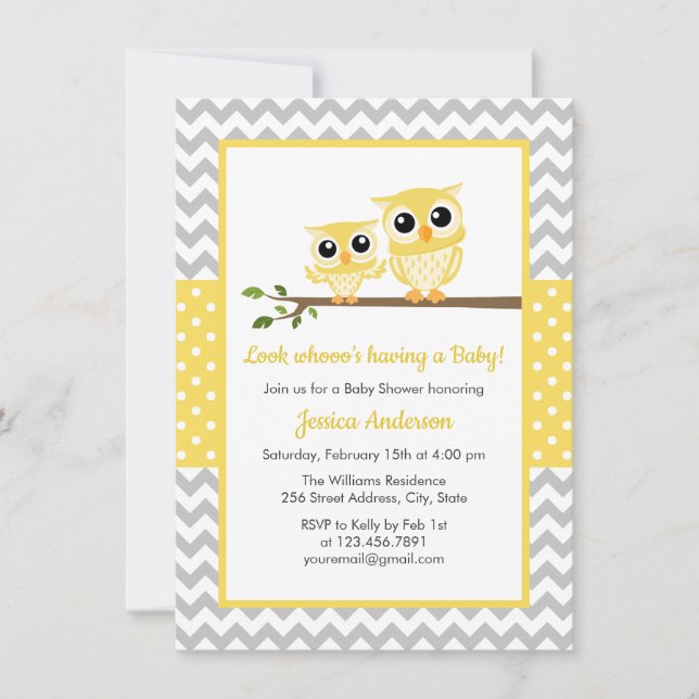 Yellow Grey Chevron Neutral Cute Owl Baby Shower Invitation (Front)