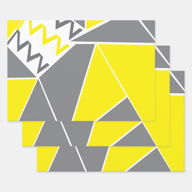 Yellow Grey Chevron Stripe Geometric Pattern Wrapping Paper Sheet (Set)