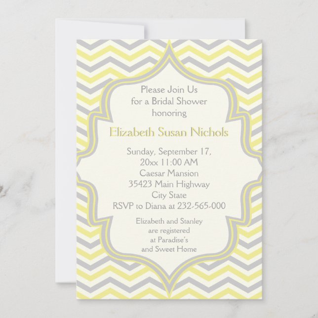 Yellow grey chevron zigzag wedding bridal shower invitation (Front)