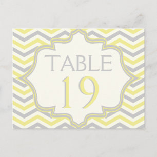 Yellow grey chevron zigzag wedding table number postcard
