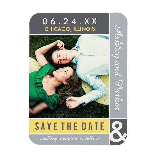 Yellow Grey Colorblock Wedding Photo Save the Date Magnet (Vertical)