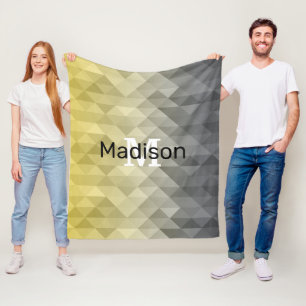 Yellow Grey Cool Ombre Geometric pattern Monogram Fleece Blanket