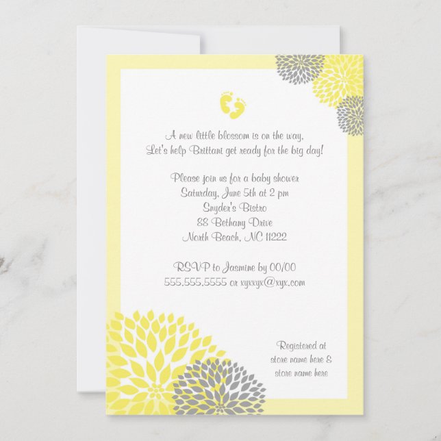 Yellow Grey Dahlia Baby Shower Invite with feet (Front)