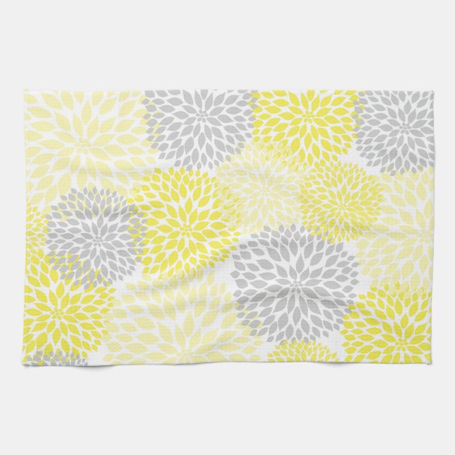 Yellow Grey Dahlia Kitchen Tea Towel (Horizontal)