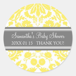 Yellow Grey Damask Baby Shower Favour Stickers
