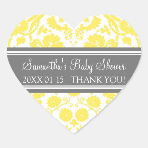 Yellow Grey Damask Baby Shower Favour Stickers