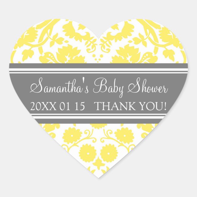 Yellow Grey Damask Baby Shower Favour Stickers (Front)