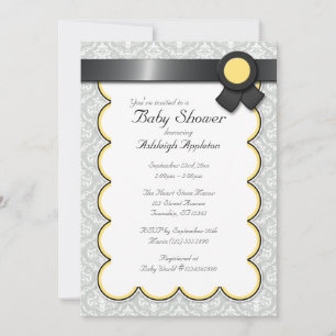 Yellow & Grey Damask Baby Shower Invitations