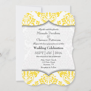 Yellow Grey Damask Bracket Wedding Invite