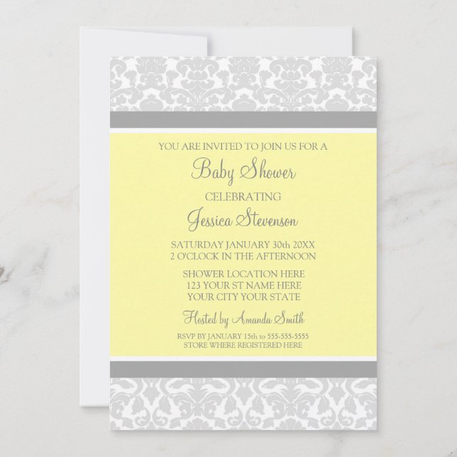 Yellow Grey Damask Custom Baby Shower Invitations (Back)