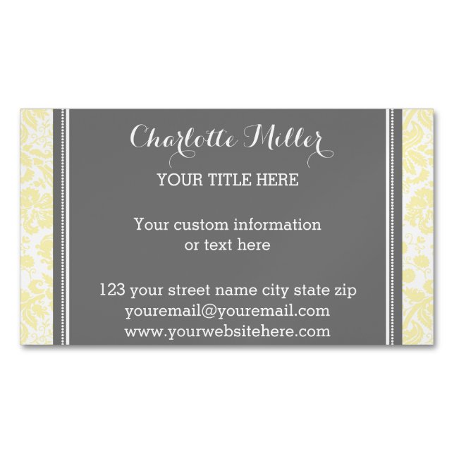 Yellow Grey Damask Magnetic Business Card (Front)
