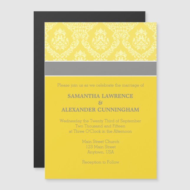 Yellow Grey Damask Magnetic Wedding Invitation (Front/Back)