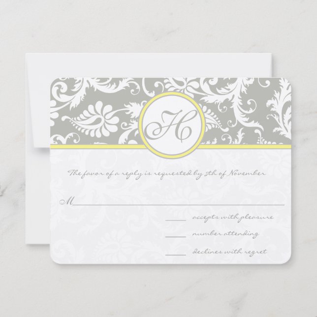 Yellow & Grey Damask RSVP Card- Silver Cloud (Back)