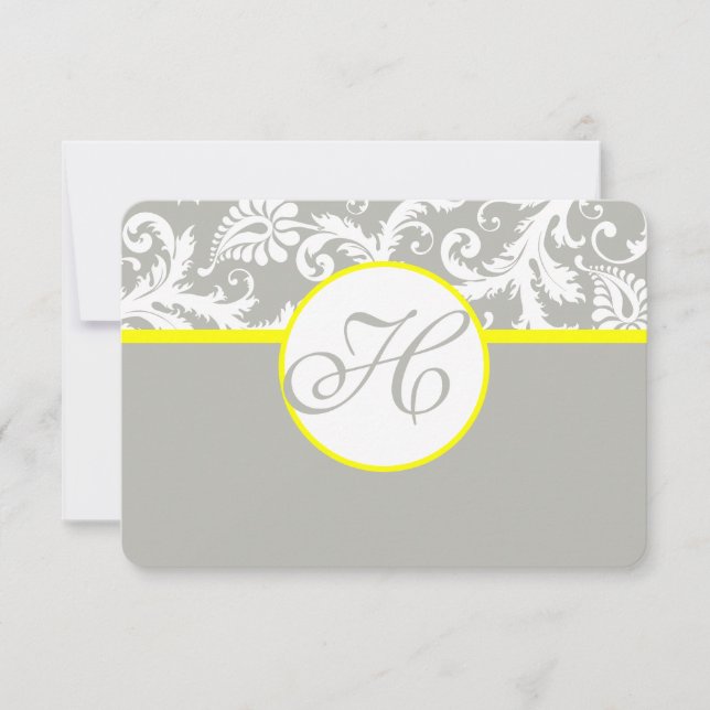 Yellow & Grey Damask RSVP Card- Silver Cloud (Front)