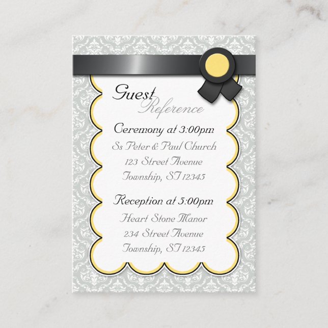 Yellow & Grey Damask Wedding Guest Reference Cards (Front)