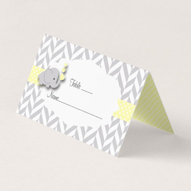 Yellow & Grey Elephant Baby Shower | Place Cards (Front)