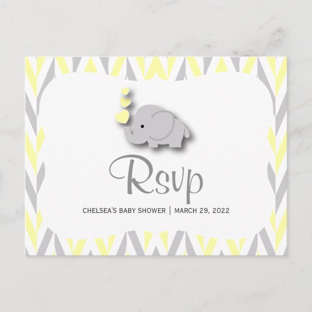 Yellow & Grey Elephant Baby Shower - RSVP 2 Invitation Postcard (Front)